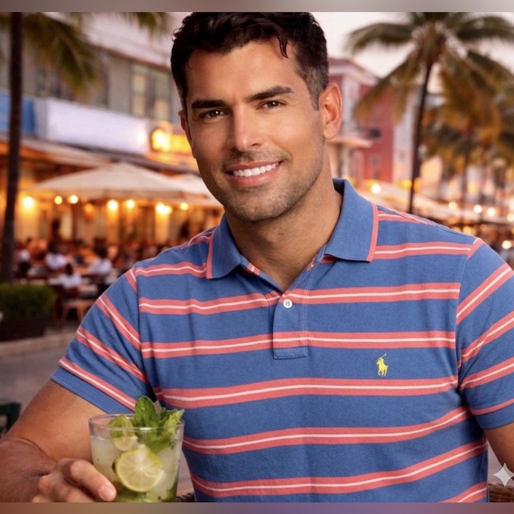 Polo by Ralph Lauren Blue and Coral Striped Cotton Polo